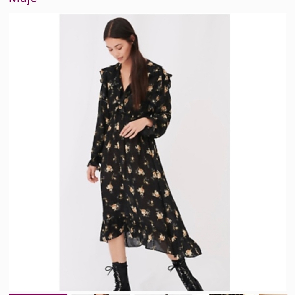 Maje Black and Gold Floral Midi Dress